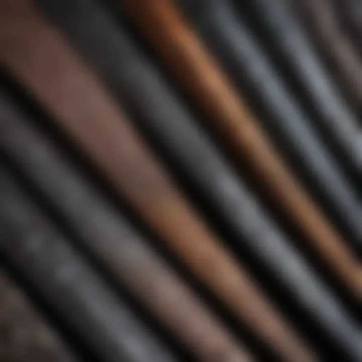 Close-up view of various flat iron materials showcasing their unique textures and finishes.