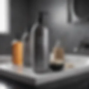 A stylish bathroom setting showcasing a shampoo bottle among hair care products