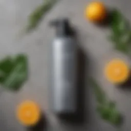 A vibrant bottle of shampoo designed to reduce gray hair, surrounded by natural ingredients