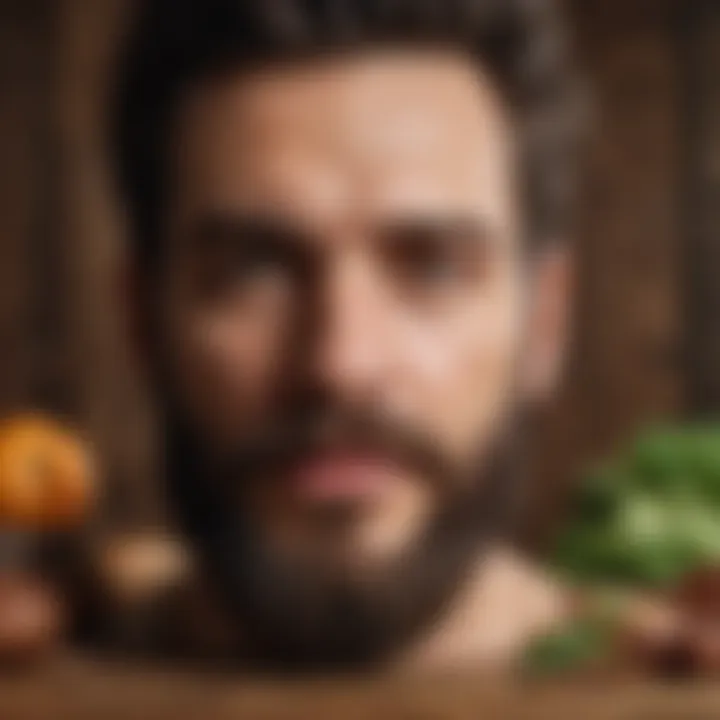 Healthy foods that contribute to facial hair growth arranged on a wooden table