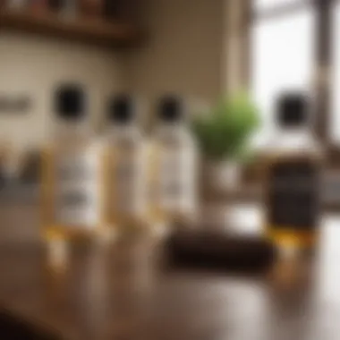 Growth-Enhancing Products Natural oils and products that promote mustache growth displayed on a countertop