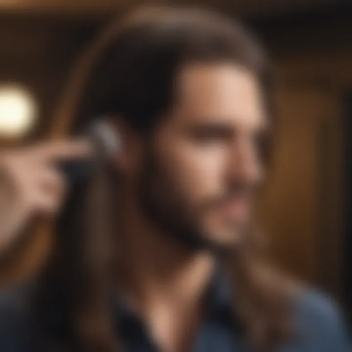 Man styling his long hair with a comb