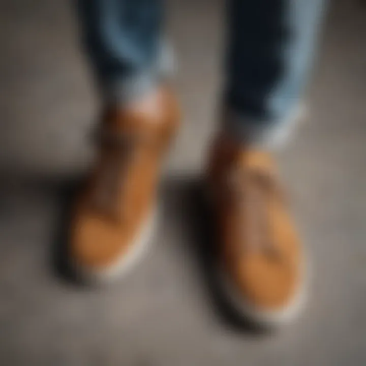 Close-up of stylish man's feet in suede trainers