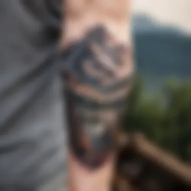 Serene Landscape Arm Tattoo A serene landscape tattoo on an arm, capturing the beauty of nature with mountains and trees.