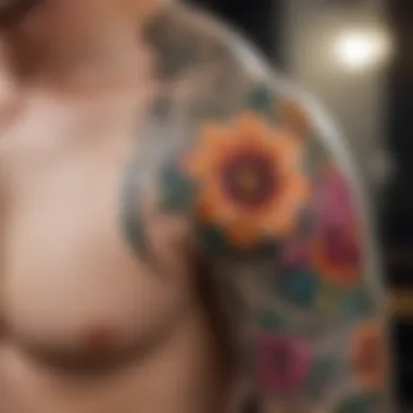 Intricate Floral Arm Tattoo A detailed close-up of a vibrant arm tattoo showcasing intricate floral designs.