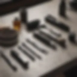 Close-up of premium grooming tools laid out on a sleek countertop