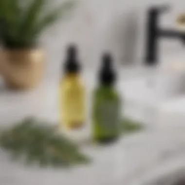 Natural alternatives to tea tree oil displayed on a marble countertop