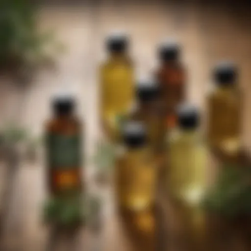 Bottles of different tea tree oil types on a wooden surface