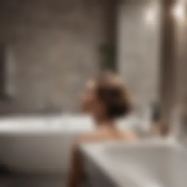 A serene bathroom setting showcasing a person contemplating hair care