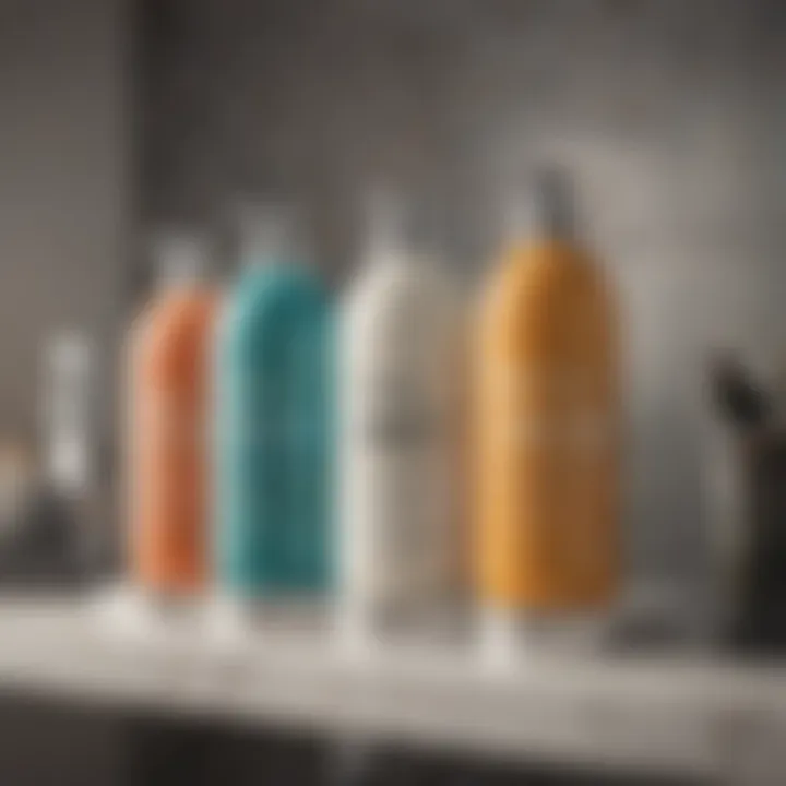 Body wash product display on a bathroom shelf