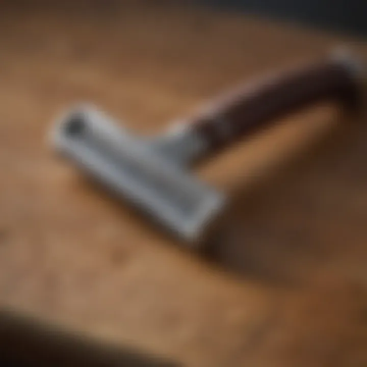 A close-up view of a single blade razor on a wooden countertop, showcasing its elegant design.