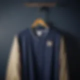 Elegant navy basketball shirt hanging on a vintage coat hanger