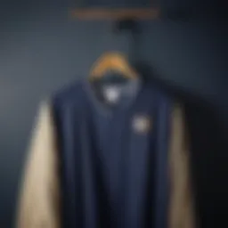 Elegant navy basketball shirt hanging on a vintage coat hanger