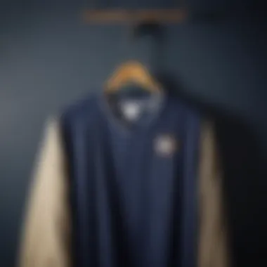 Elegant navy basketball shirt hanging on a vintage coat hanger