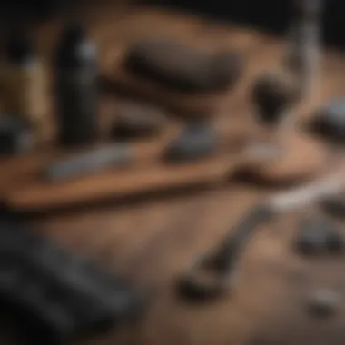 Various beard grooming tools and products on a wooden table