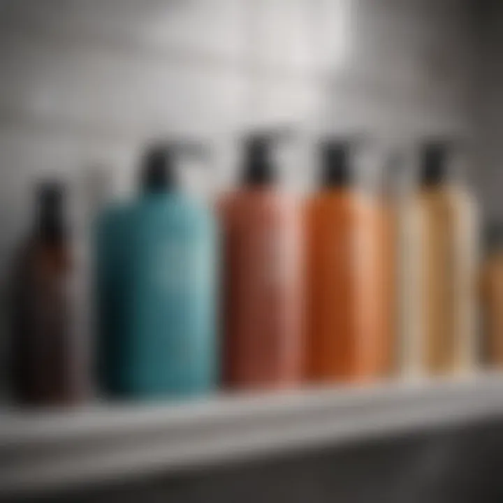 Image of hair care products lined up on a bathroom shelf