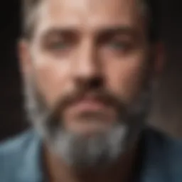 Bearded man looking at shoulder with dandruff flakes