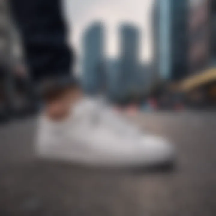 Close-up of white sneaker against urban backdrop