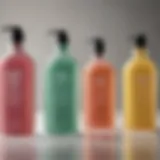 Close-up of various body wash bottles showcasing different scents and benefits.