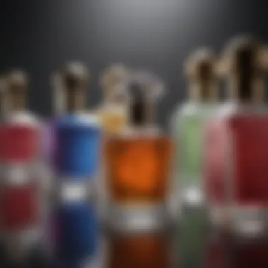 An elegant display of various perfume bottles showcasing unique shapes and colors.