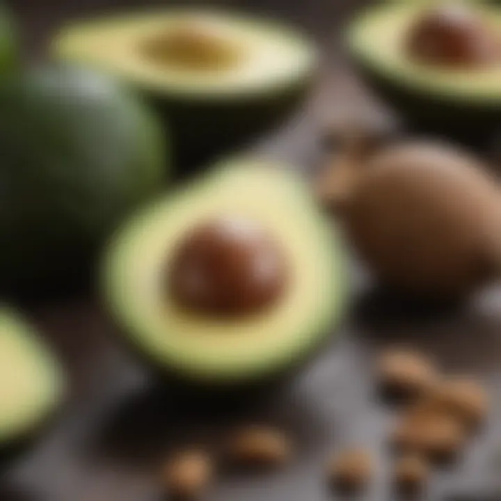 A close-up view of a vibrant avocado and nuts representing healthy fats