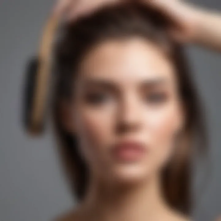 Woman adjusting her hair with natural bristle brush