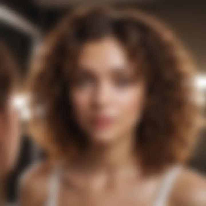 Woman with curly hair looking in mirror